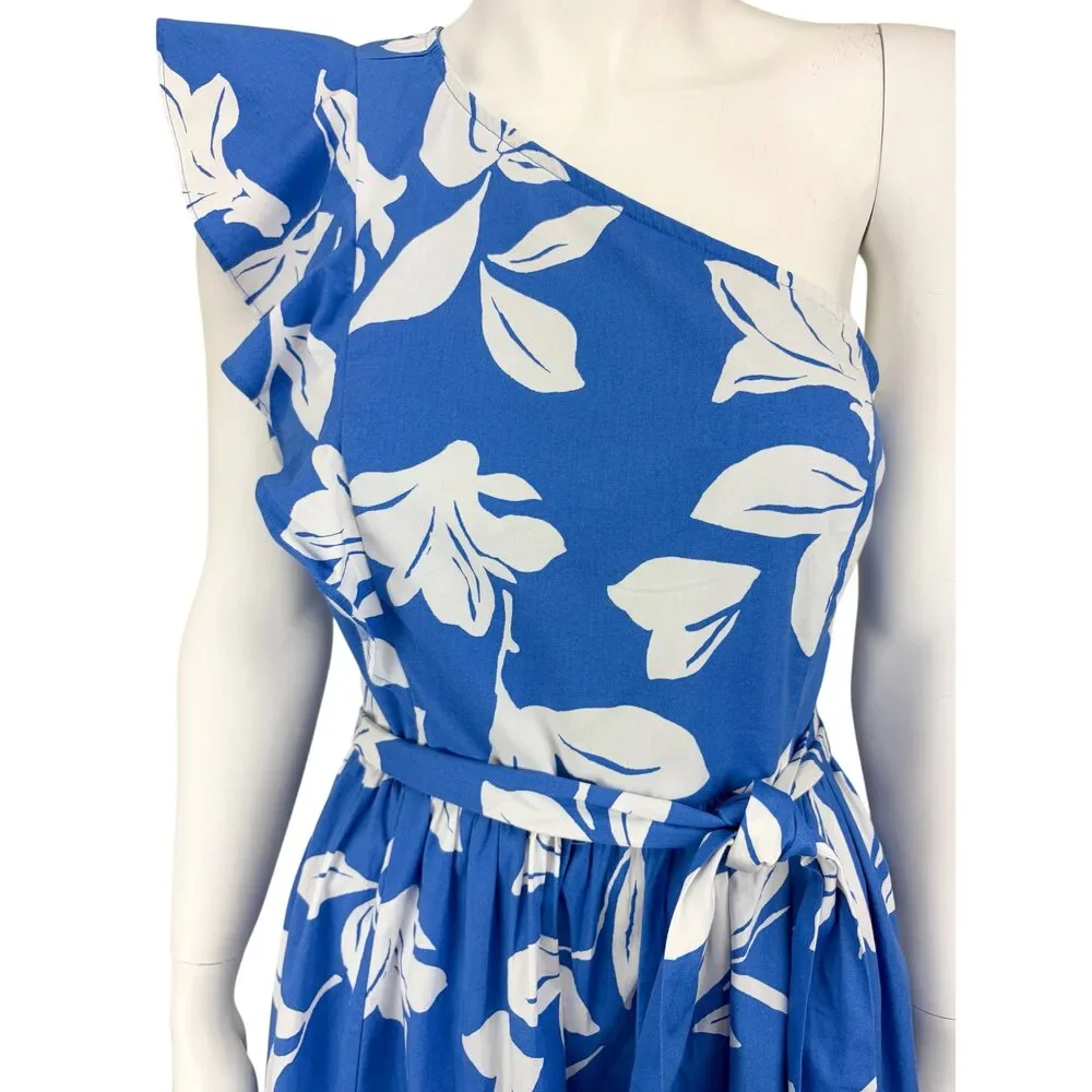 J. Crew Factory Women's One Shoulder Floral Midi Dress Blue Size 10 NWT